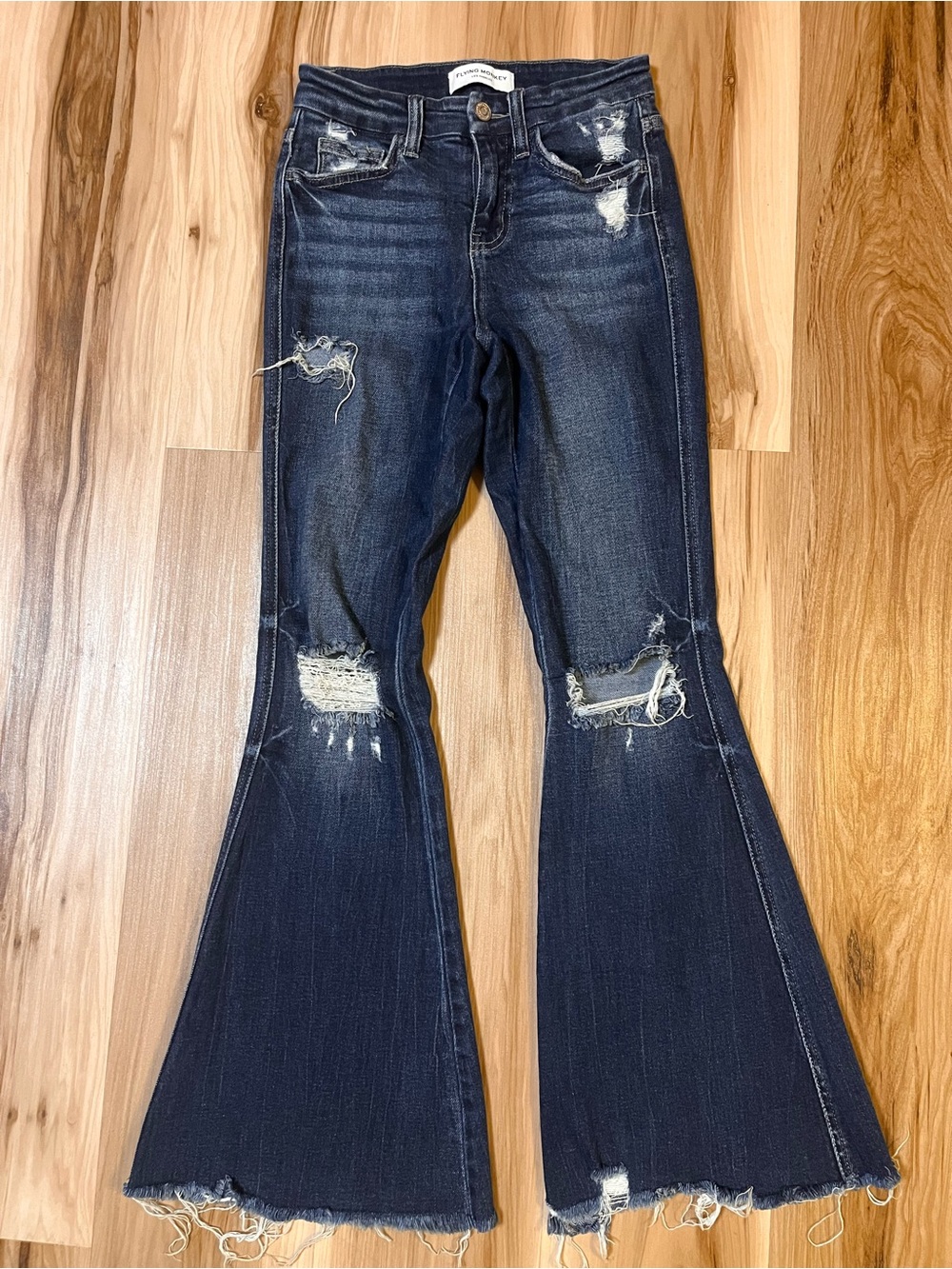 Flying Monkey Mid Rise Flare Jeans Size 23 Dark Wash Distressed Raw Hem Festival